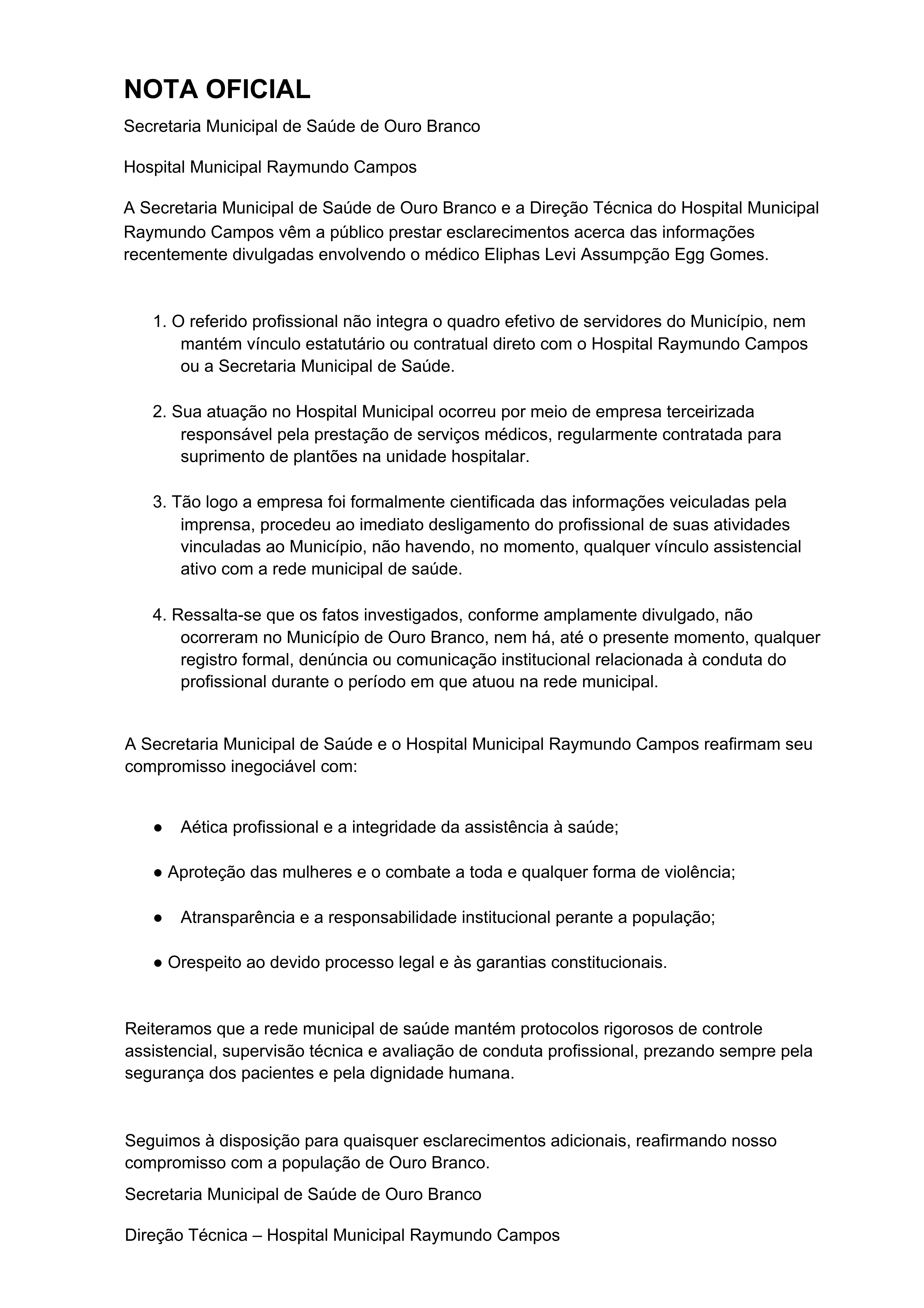 Nota enviada ao Portal Tabloide pela Secretaria Municipal de Sa&uacute;de e Diretoria do Hospital Raimundo Campos